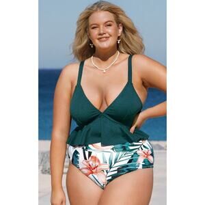 CUPSHE Teal Roses Women’s Size 0X Two Piece Swimsuit NWT Beach Summer